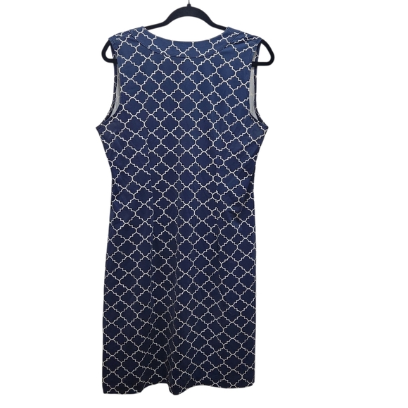 VTG Katherine Way Blue Quatrefoil Print Knee Length Sleeveless Dress Sz L Tactel - Picture 3 of 5